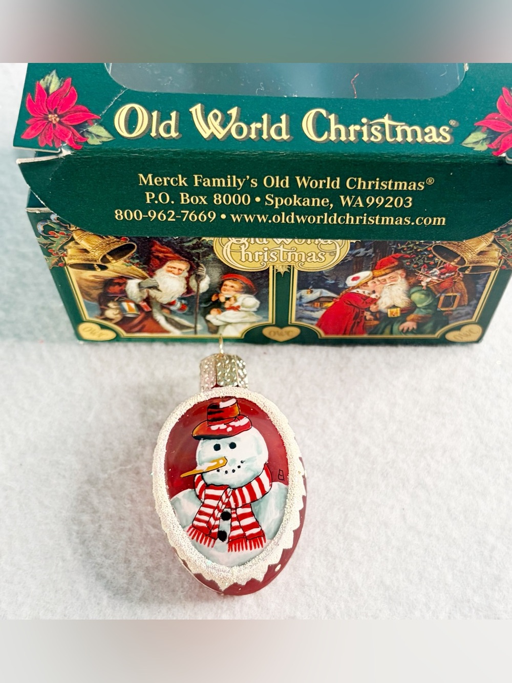 Rare Old World Christmas Glass Ornament Snowman Red Glitter Box Holiday